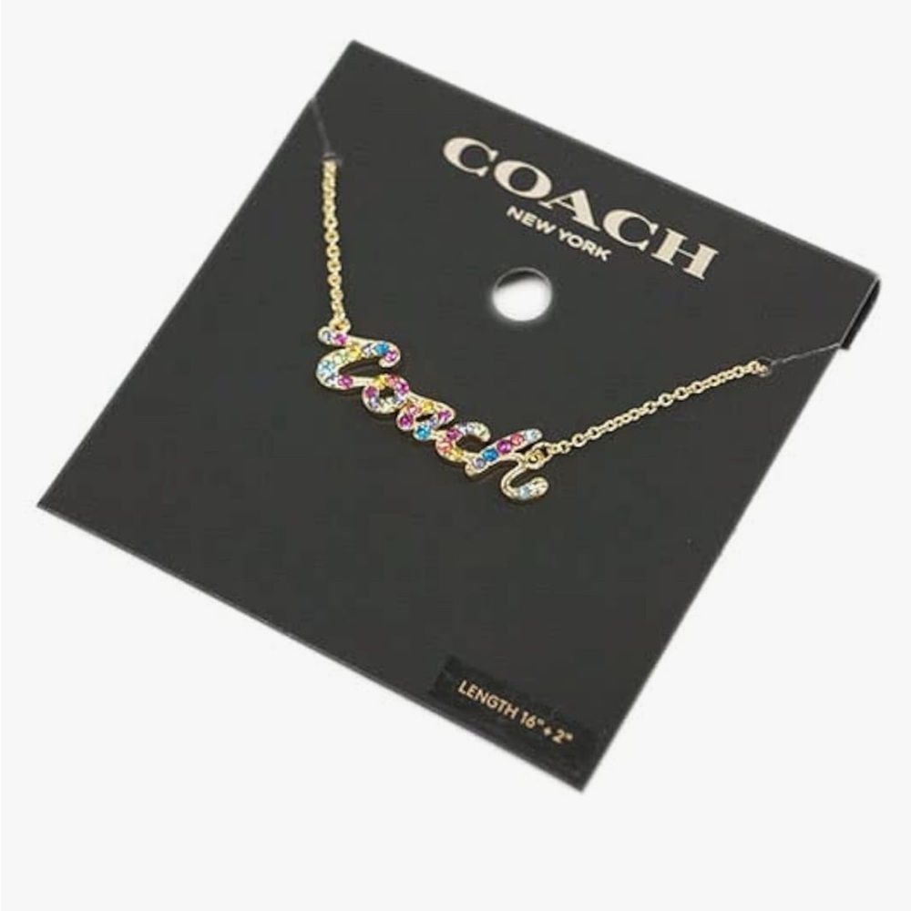 Coach Multicolor Rainbow Signature Script Gold Tone Glass Rhinestone Necklace - Picture 2 of 5